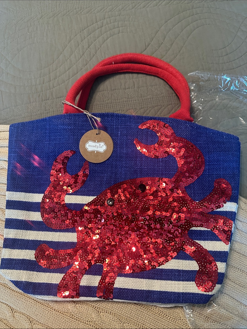 Mud Pie Blue and White Striped Purse/small tote bag with Red Sequin Crab nwt